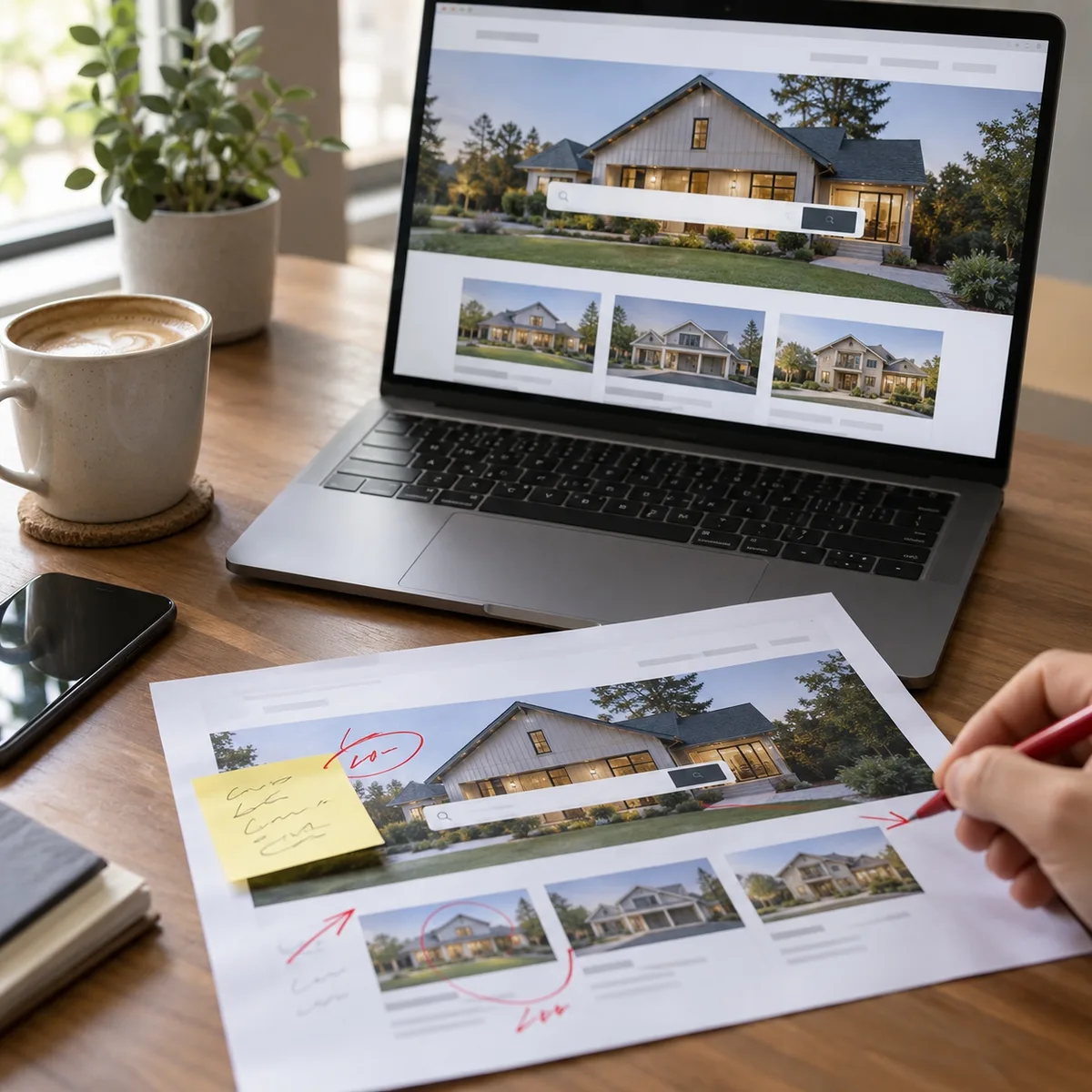 A real estate website open on a laptop beside a printed copy marked up with review notes