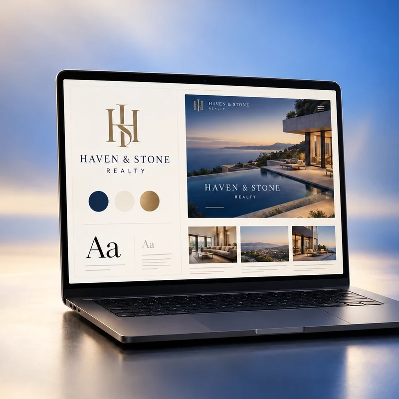 A real estate brand identity shown on a laptop: logo, color palette, type scale and the matching website