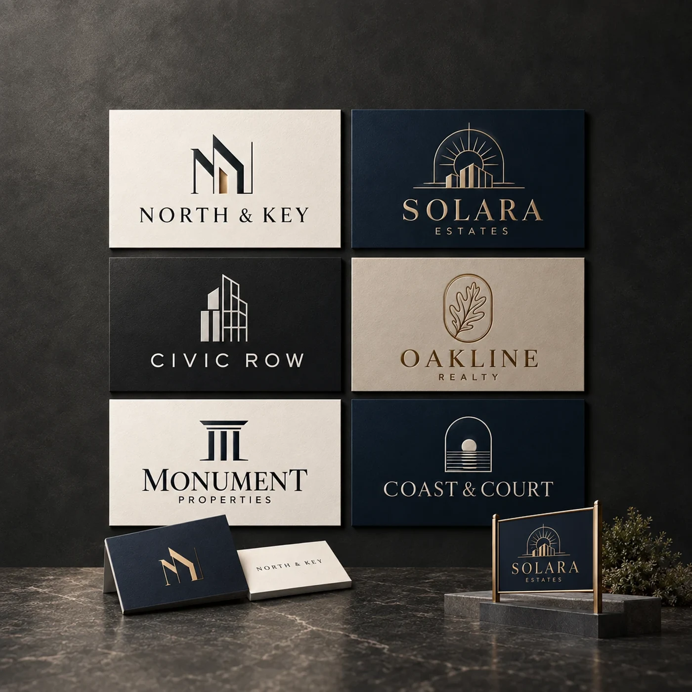 Six real estate brand identities presented on boards, with business cards and a yard sign