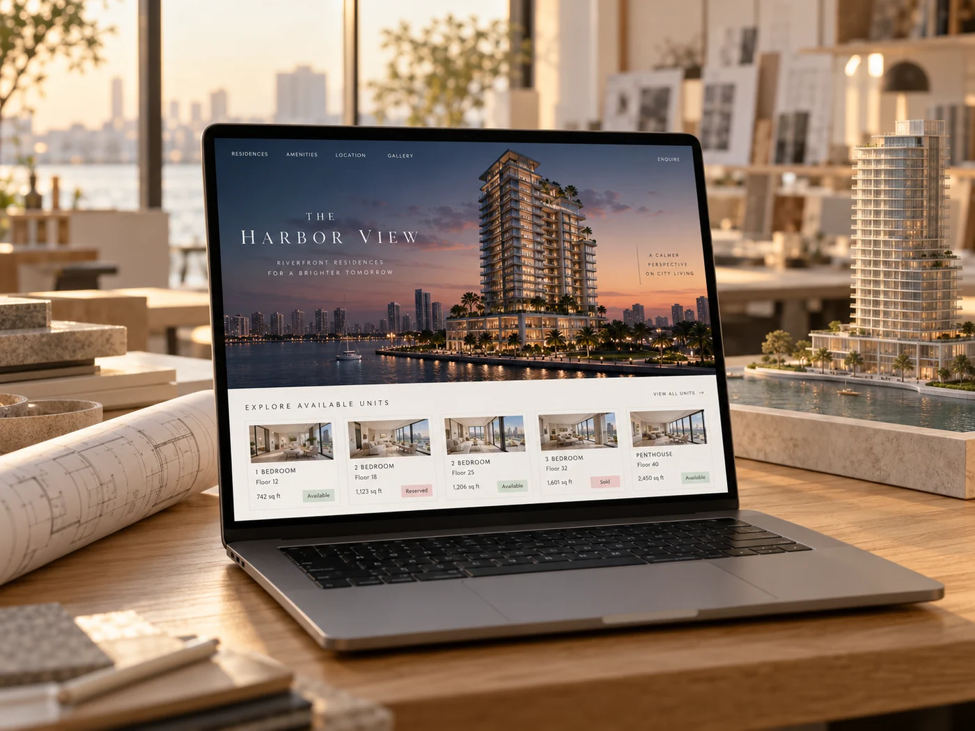 A development project website with renders and a unit explorer