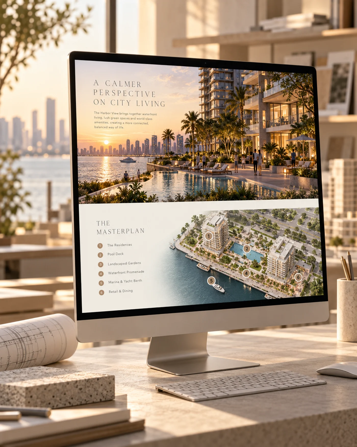 A development project website showing the lifestyle render and an interactive masterplan