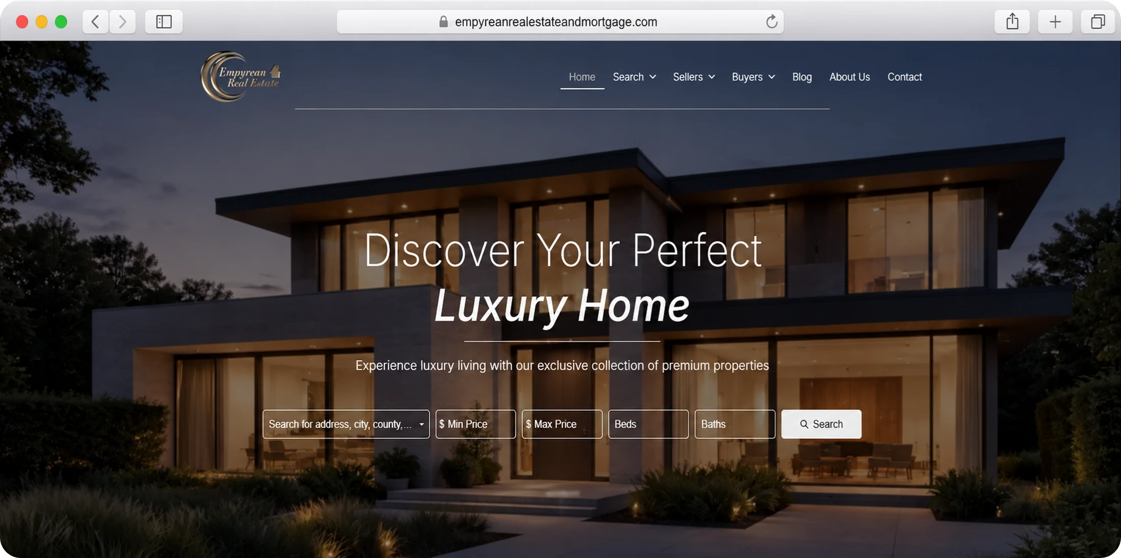 A real estate website on a desktop browser, showing property search and listing cards