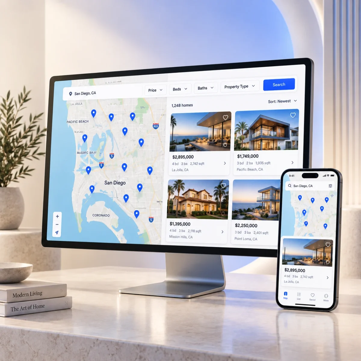 IDX property-search website with a map and listing cards on desktop and mobile