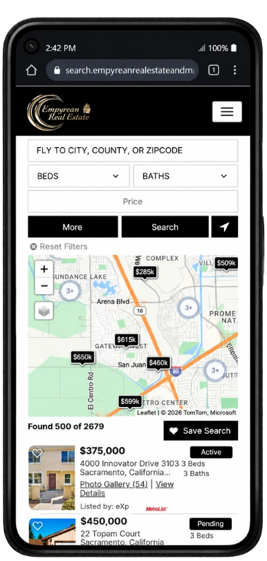 The same real estate website on a phone, with listings and a lead capture form