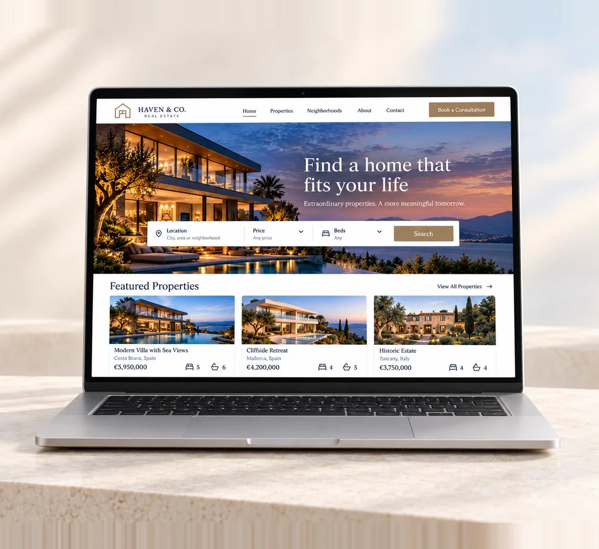 A property website shown on a laptop