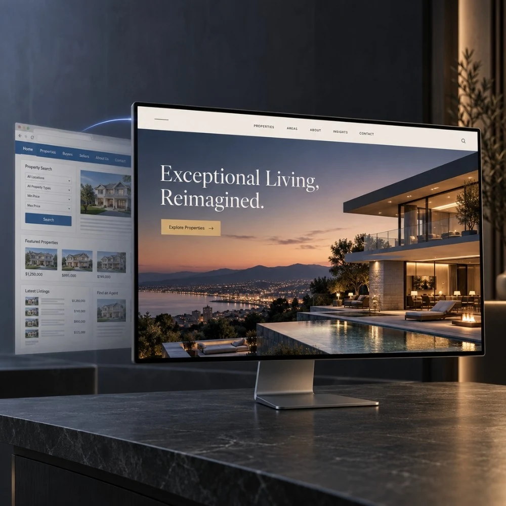 A redesigned real estate website on a desktop monitor, the old site fading out behind it