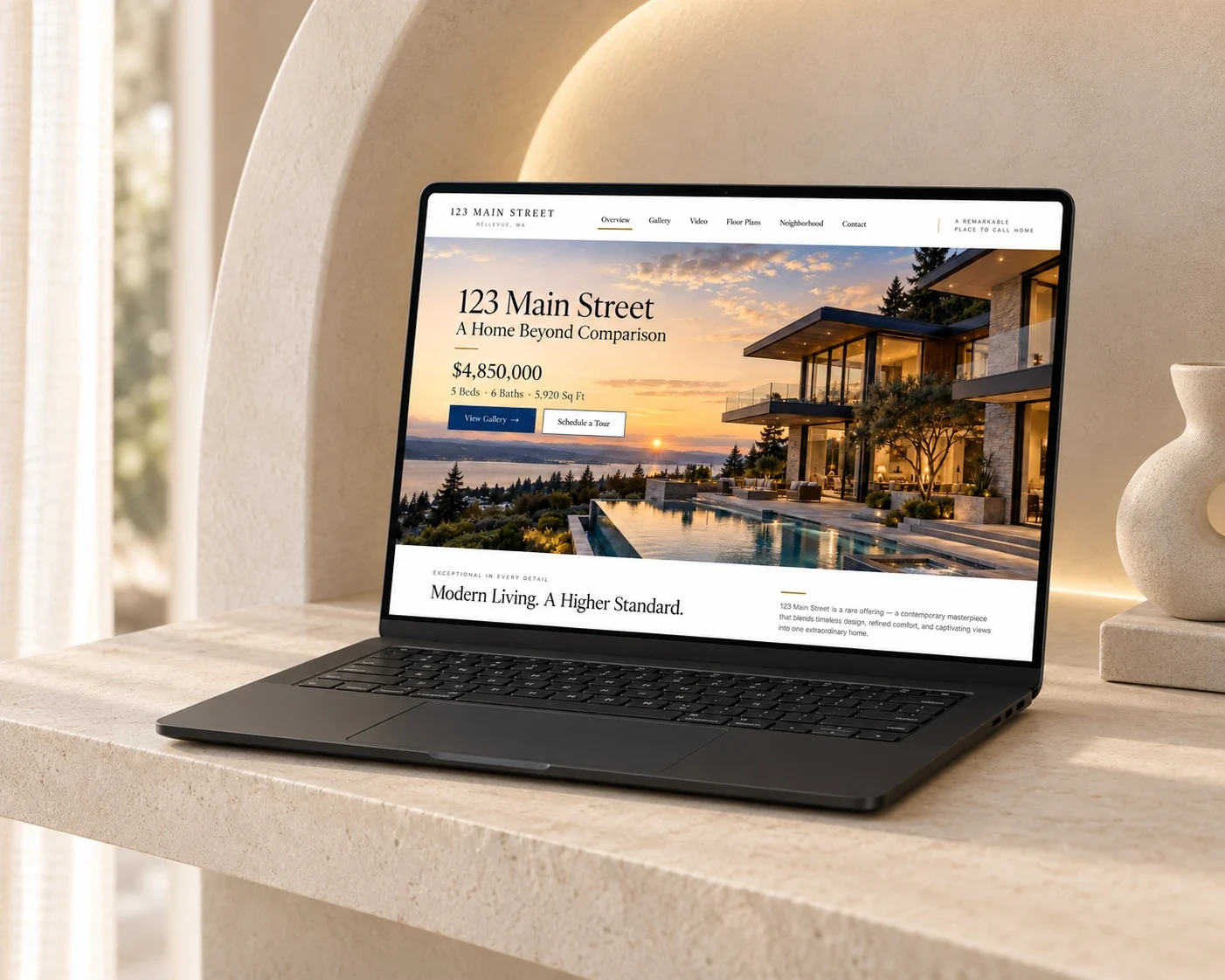 A single-property website for 123 Main Street, shown on a laptop