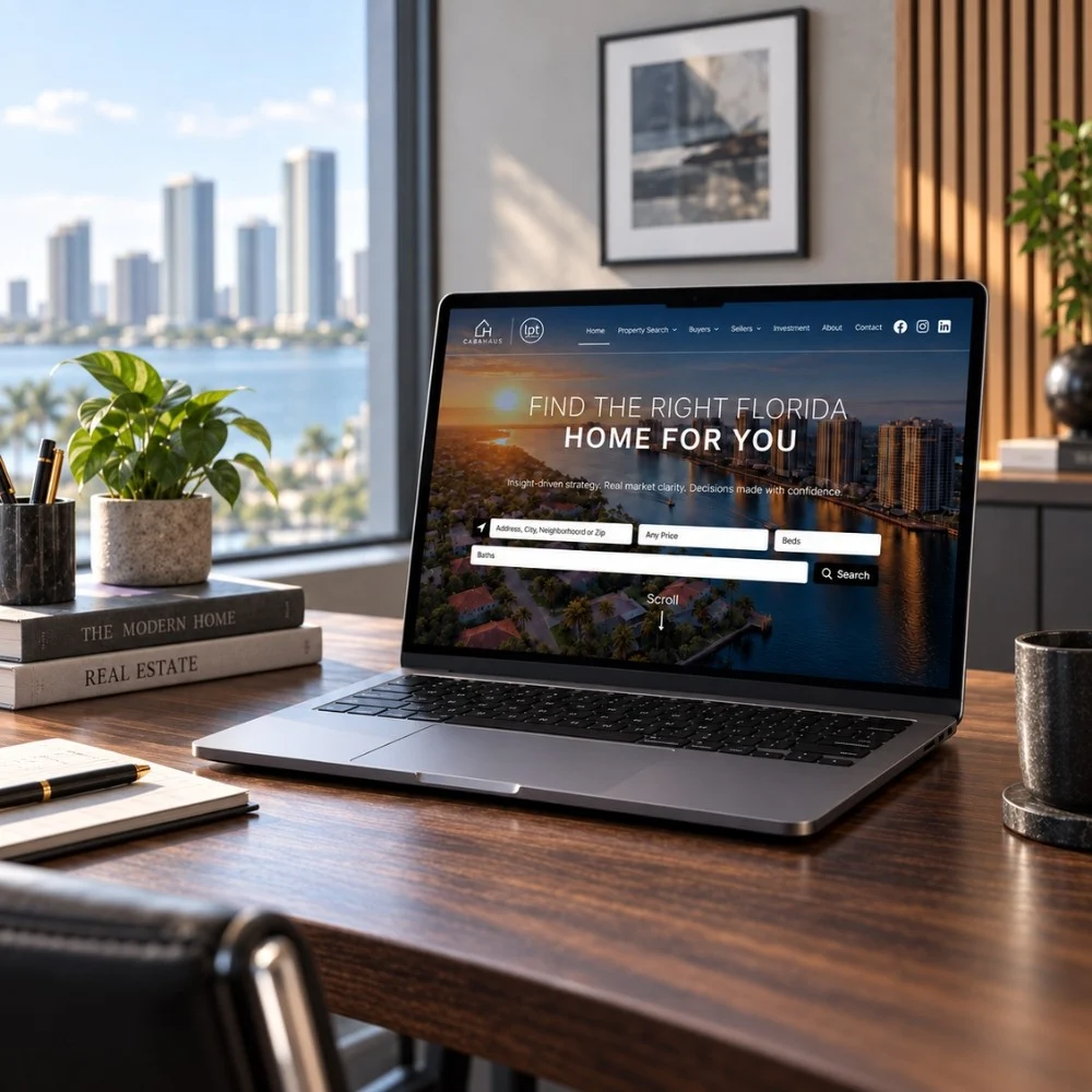 Laptop on a desk showing a custom real estate website with an IDX property search