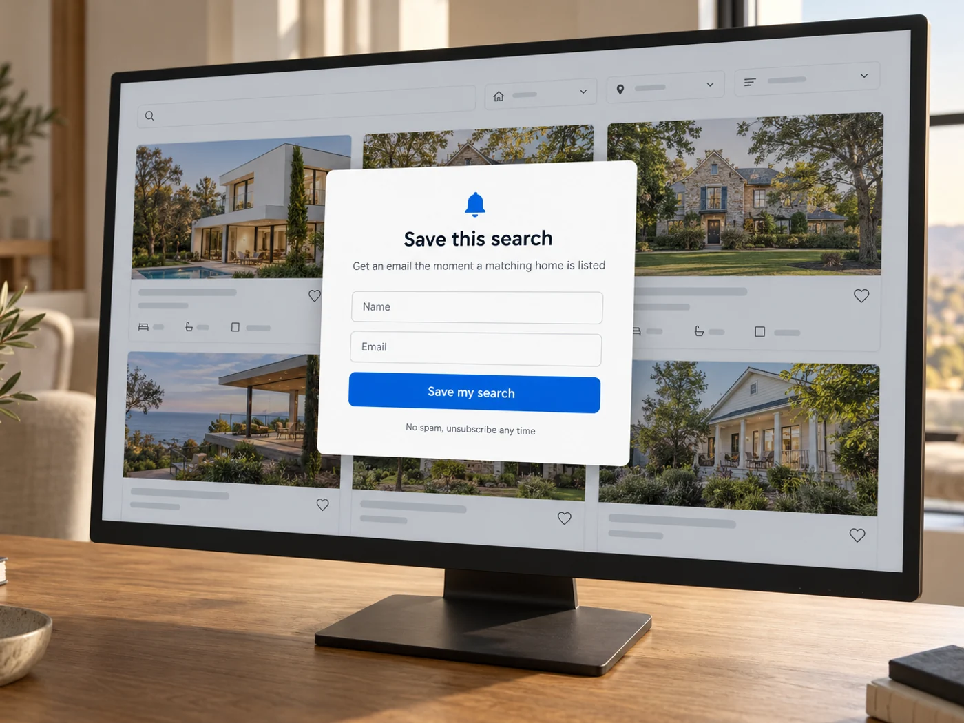 A website with a saved-search prompt and a lead form