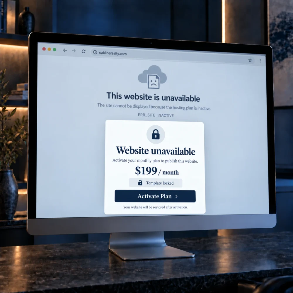 A rented real estate website switched off, showing a “website unavailable, activate your monthly plan” screen