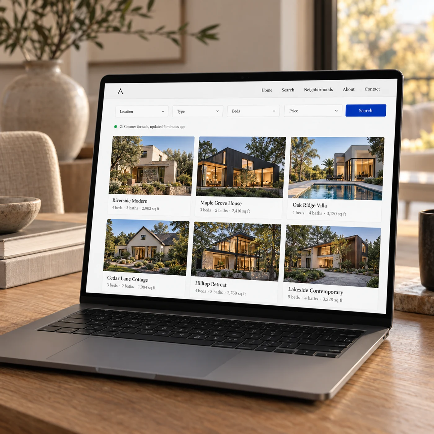 A custom real estate website showing live listings on a laptop