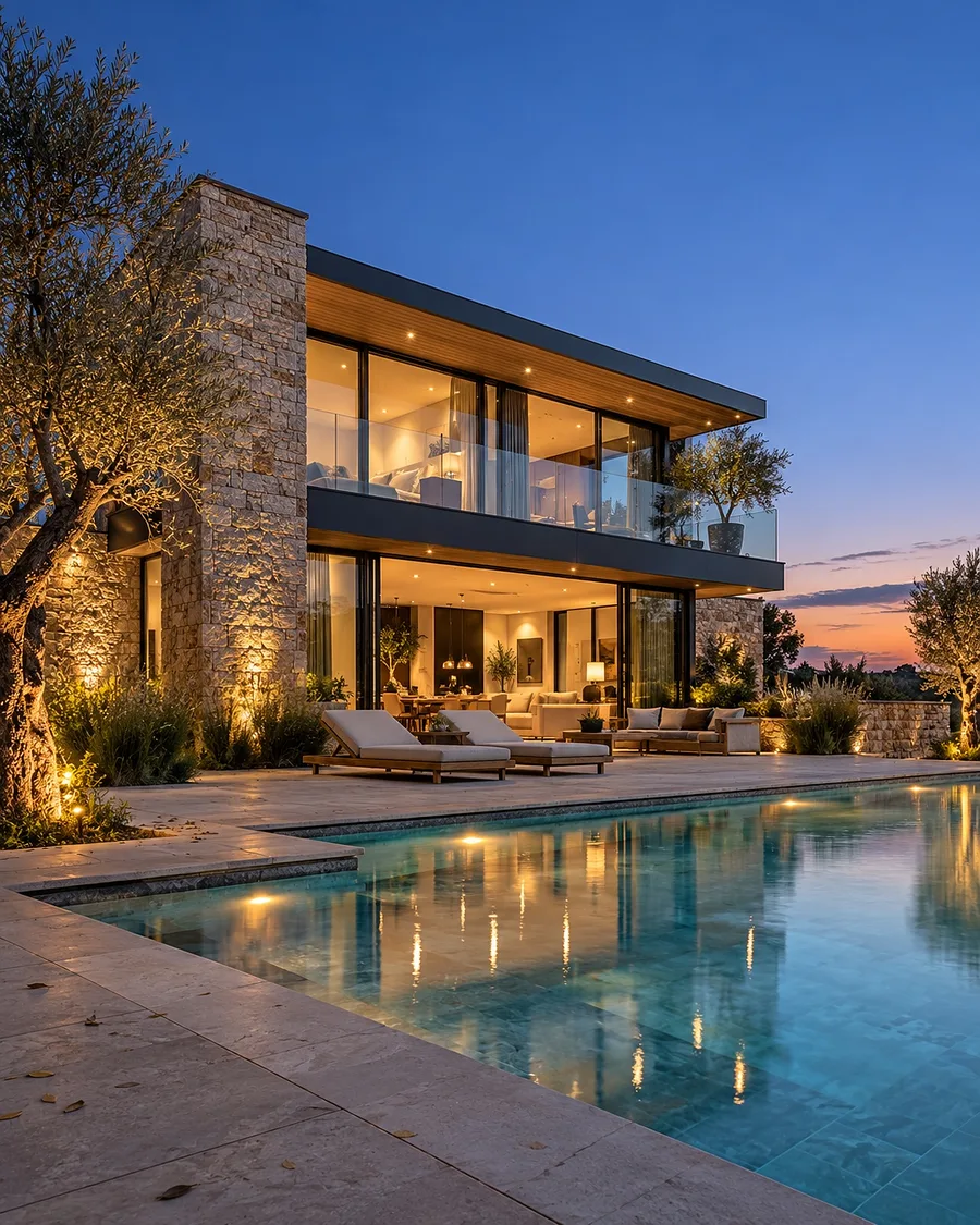 Twilight listing photo of a modern stone and glass home with a lit pool