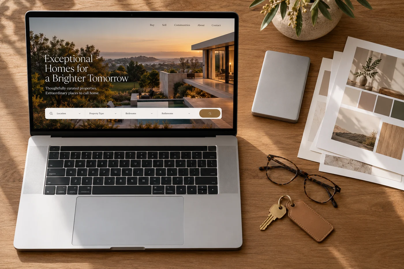 A finished real estate website on a laptop, beside the files, brand sheets and key handed over with it