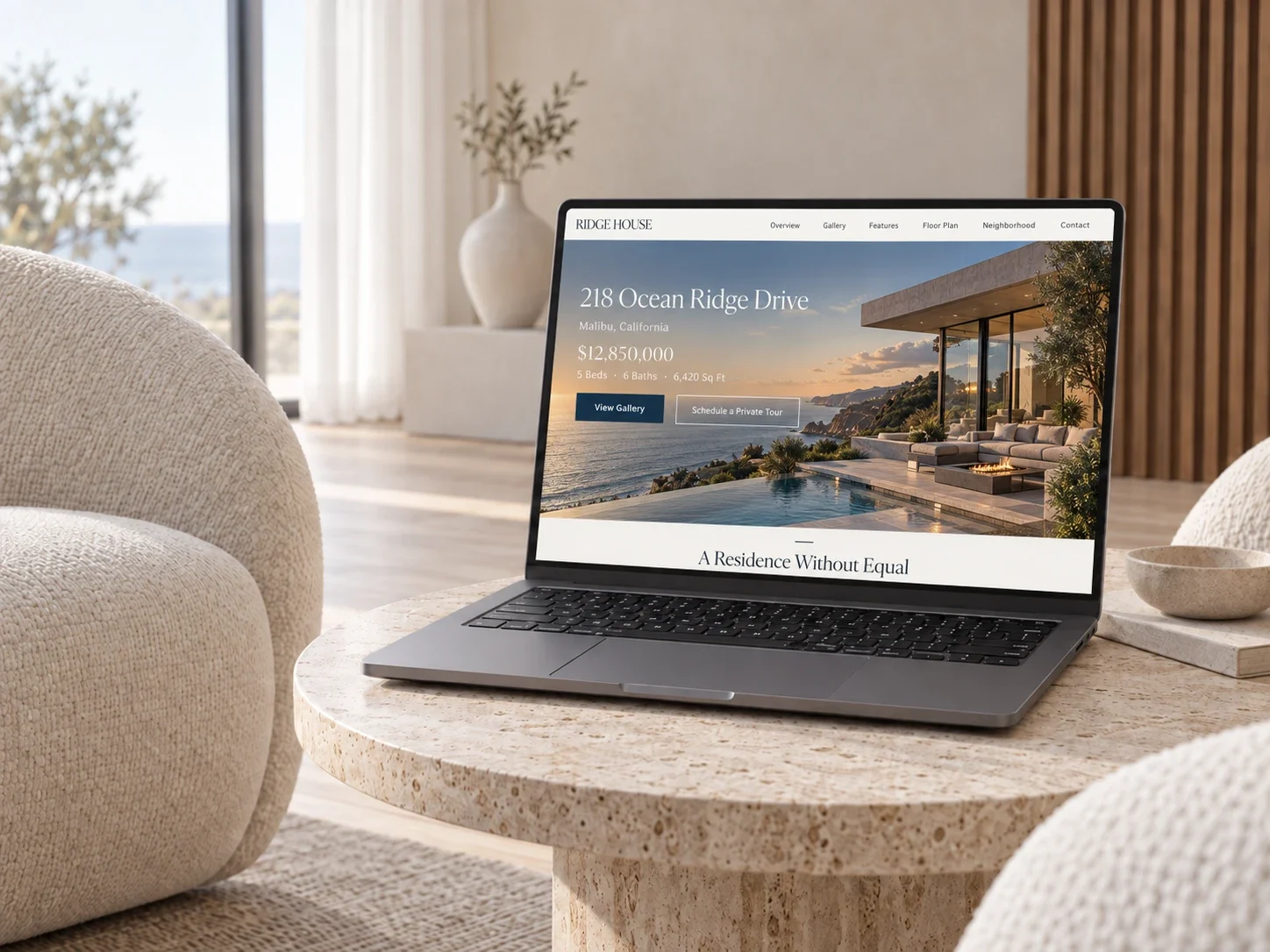 A single-property website for a Malibu home, shown on a laptop