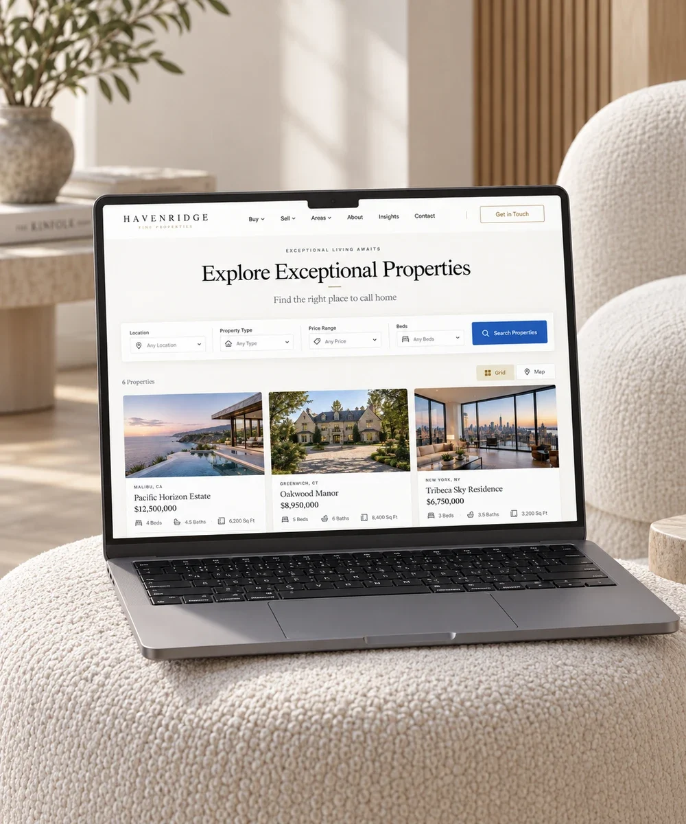 A property website with a search and featured listings, shown on a laptop