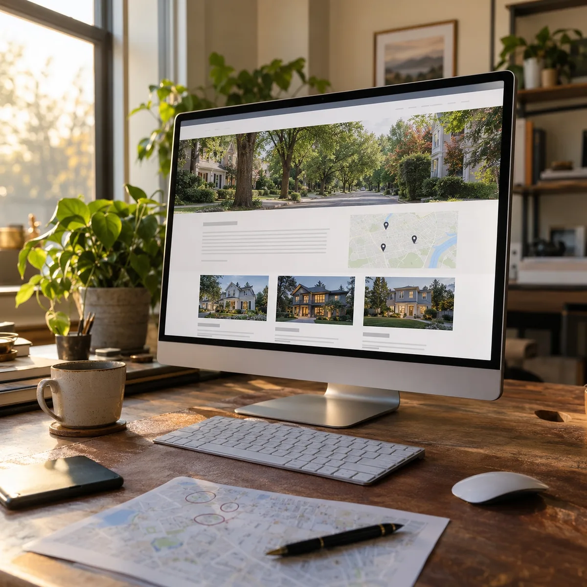 An agent’s desk with a monitor showing a neighborhood guide page and a printed area map