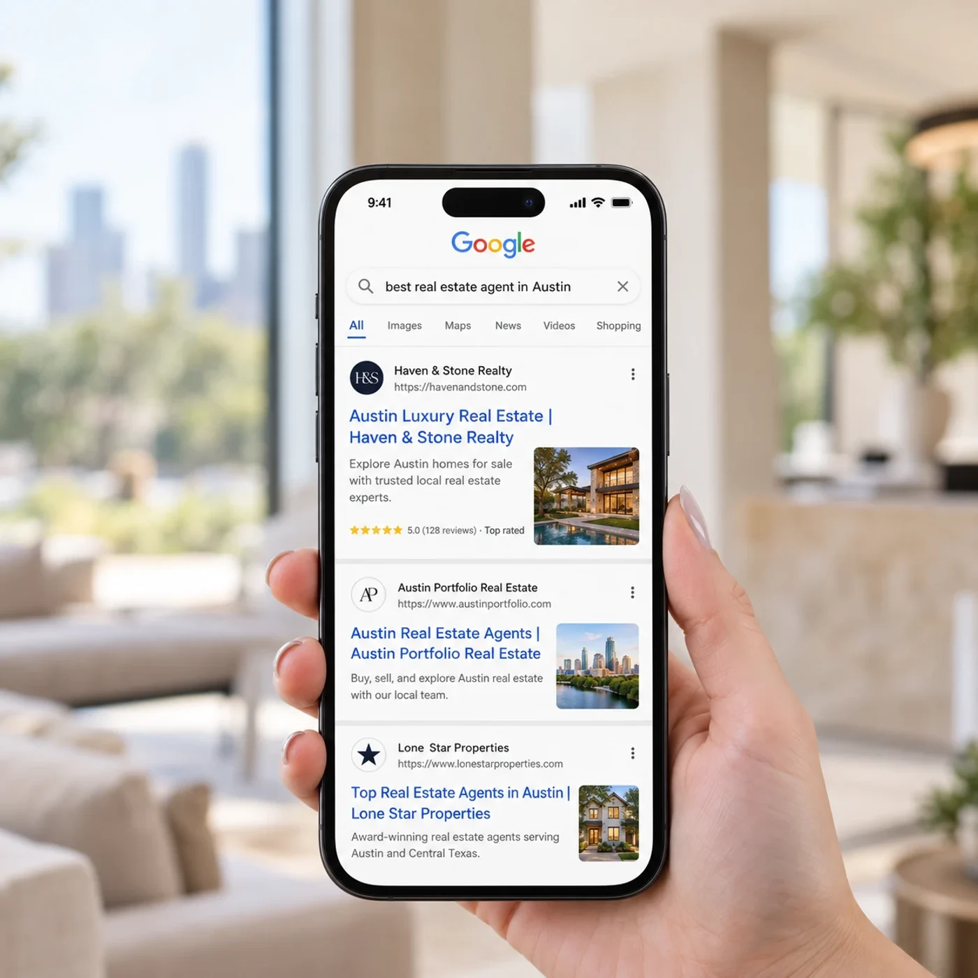 A phone showing Google results for “best real estate agent in Austin”, with a local agency ranking first