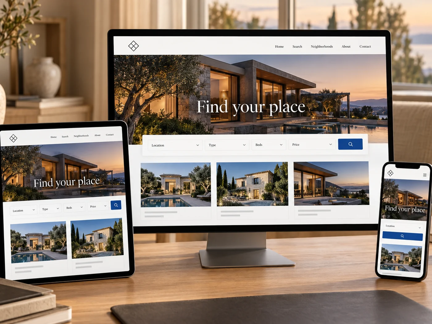A real estate website shown on desktop, tablet and phone
