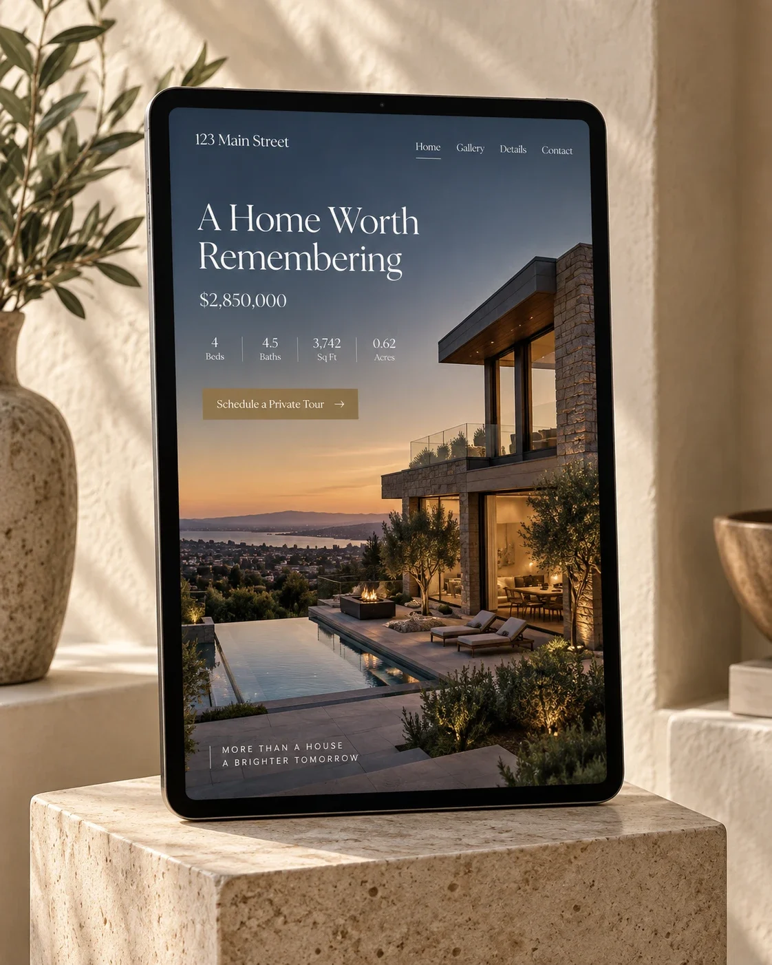 A single-property website for 123 Main Street, shown on a tablet