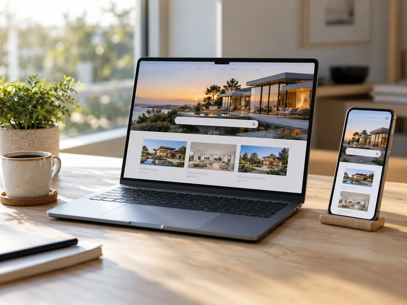 A laptop and phone on a bright desk, both showing the same fast real estate website