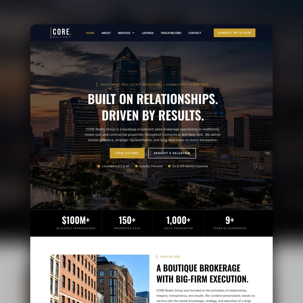 Homepage of a custom brokerage website, hero, key numbers and about section