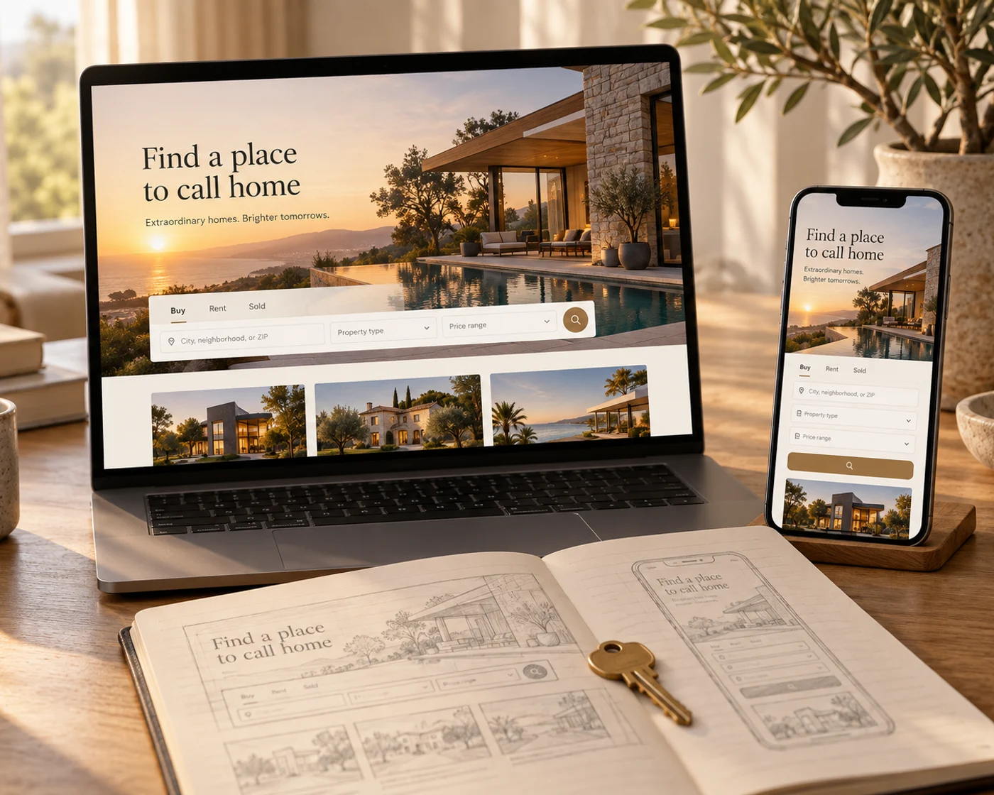 A finished real estate website on a laptop and a phone, beside the pencil wireframes it was built from and a house key