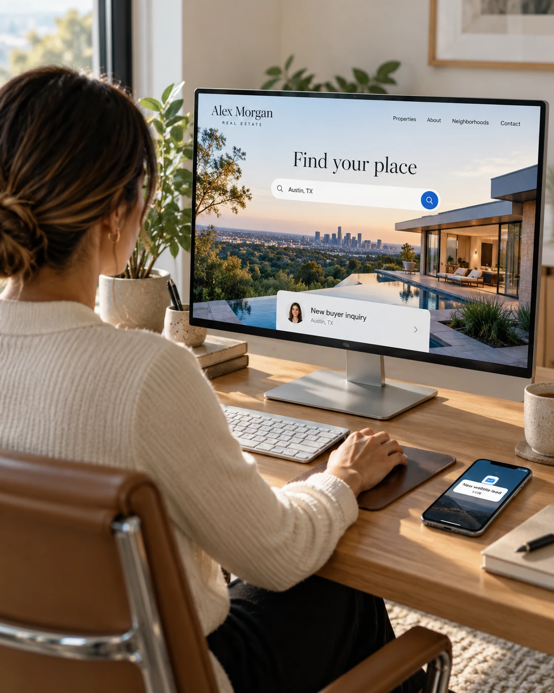 An agent at her desk with her own branded real estate website open, a new buyer enquiry arriving on screen and on her phone
