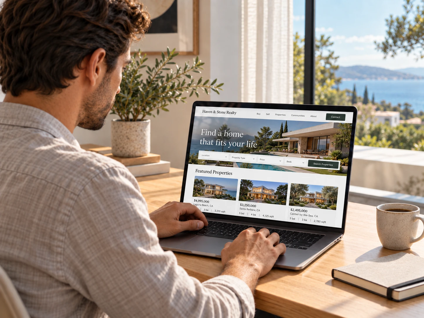 A man at a laptop looking at his real estate website, with a property search and featured listings on screen