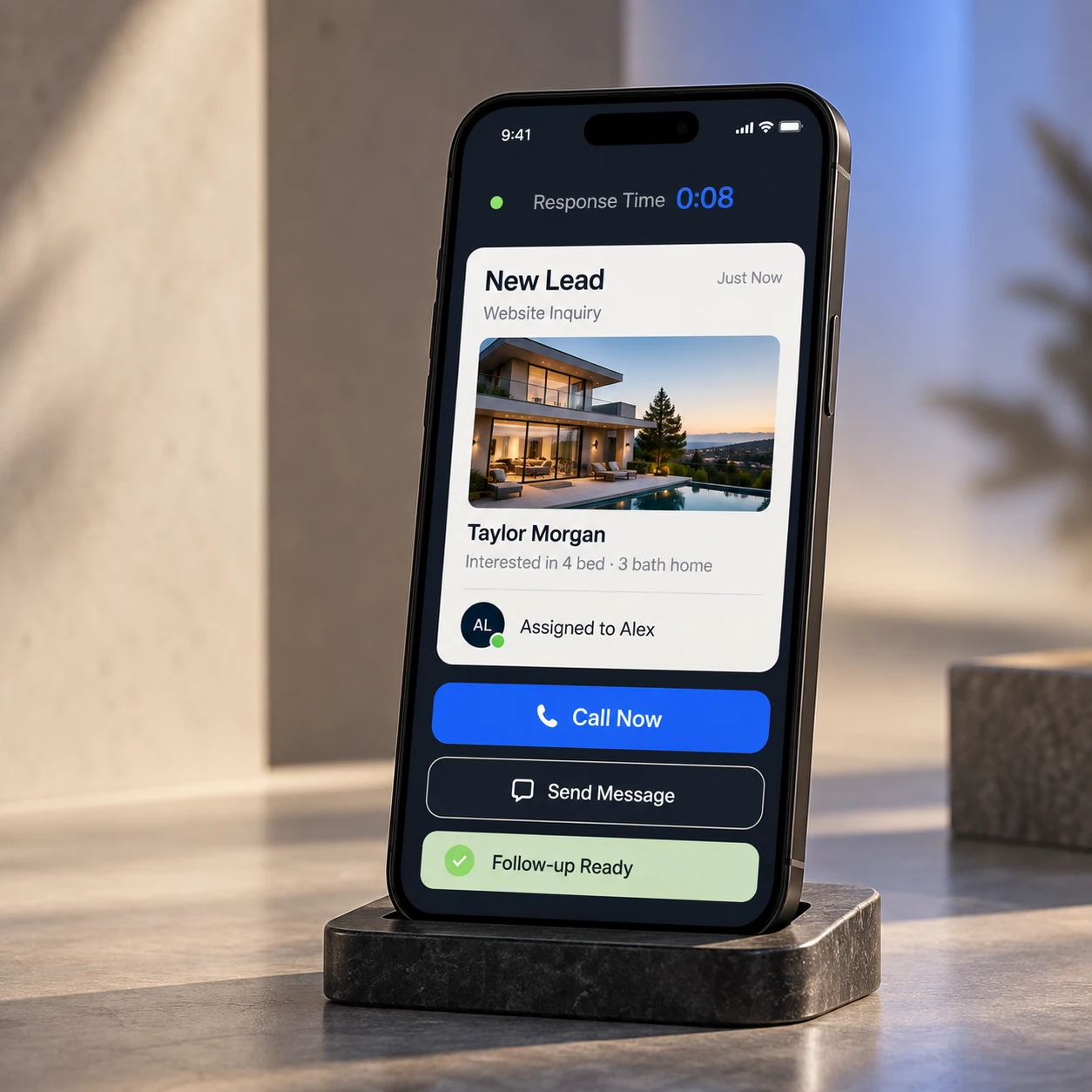 A phone showing a new website lead: an eight second response time, the enquiry assigned to an agent, and Call Now, Send Message and Follow-up Ready actions