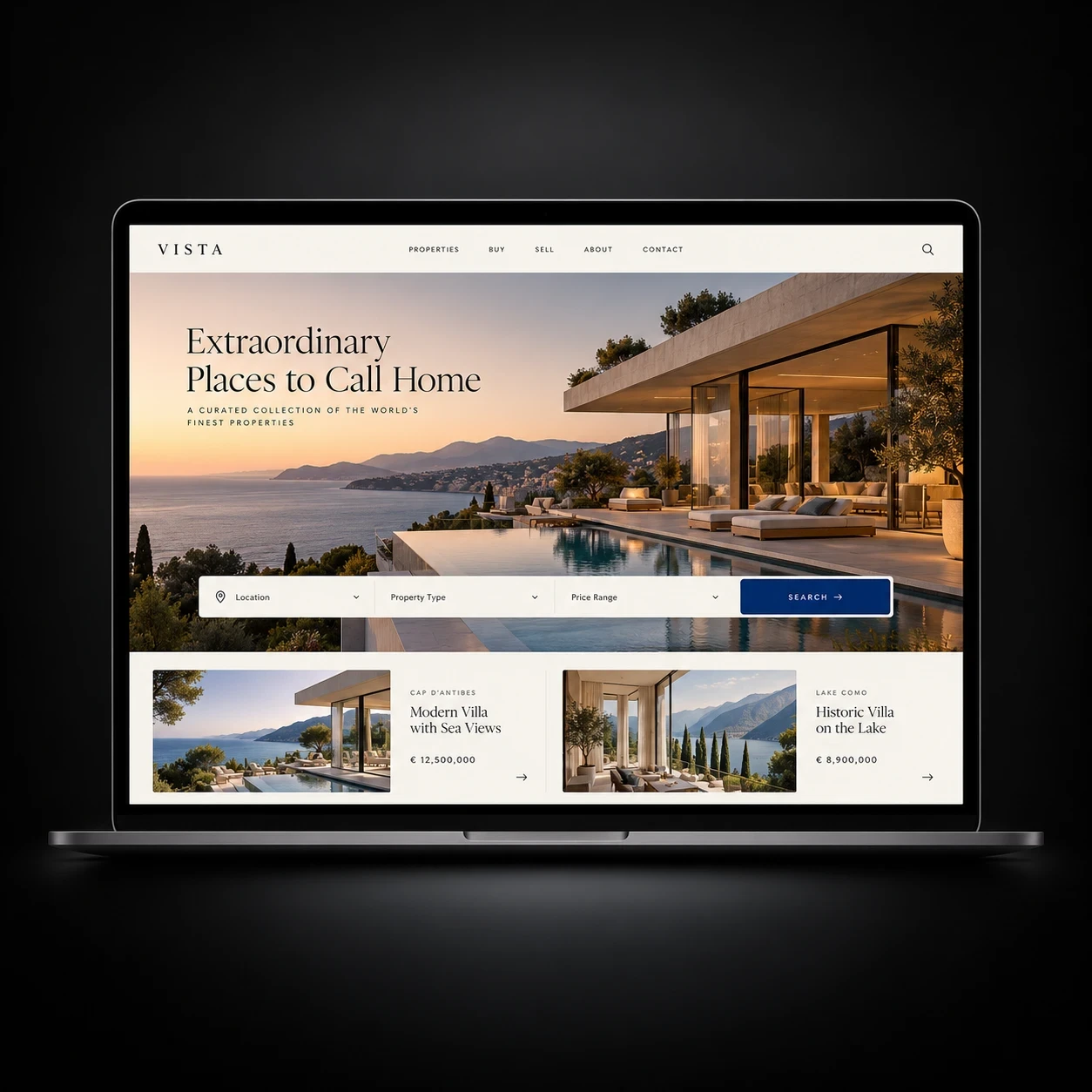 A luxury real estate website open on a laptop, showing a hero listing and a property search bar
