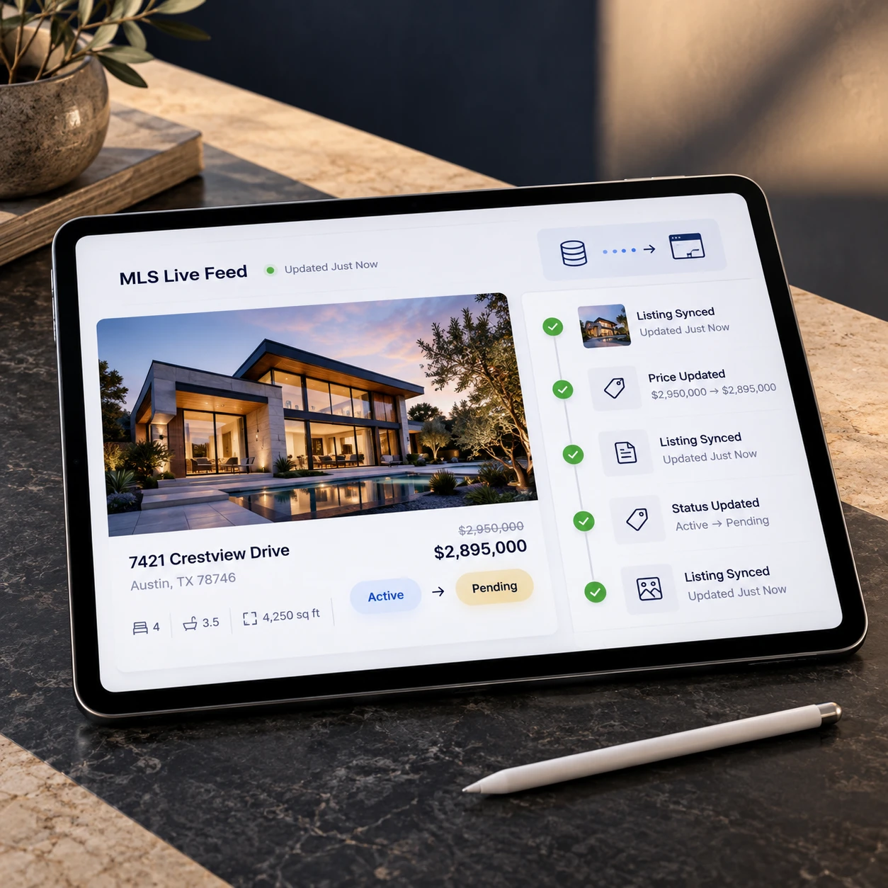 A tablet showing an MLS live feed: a listing with a price change from $2,950,000 to $2,895,000, a status change from Active to Pending, and a column of synced updates