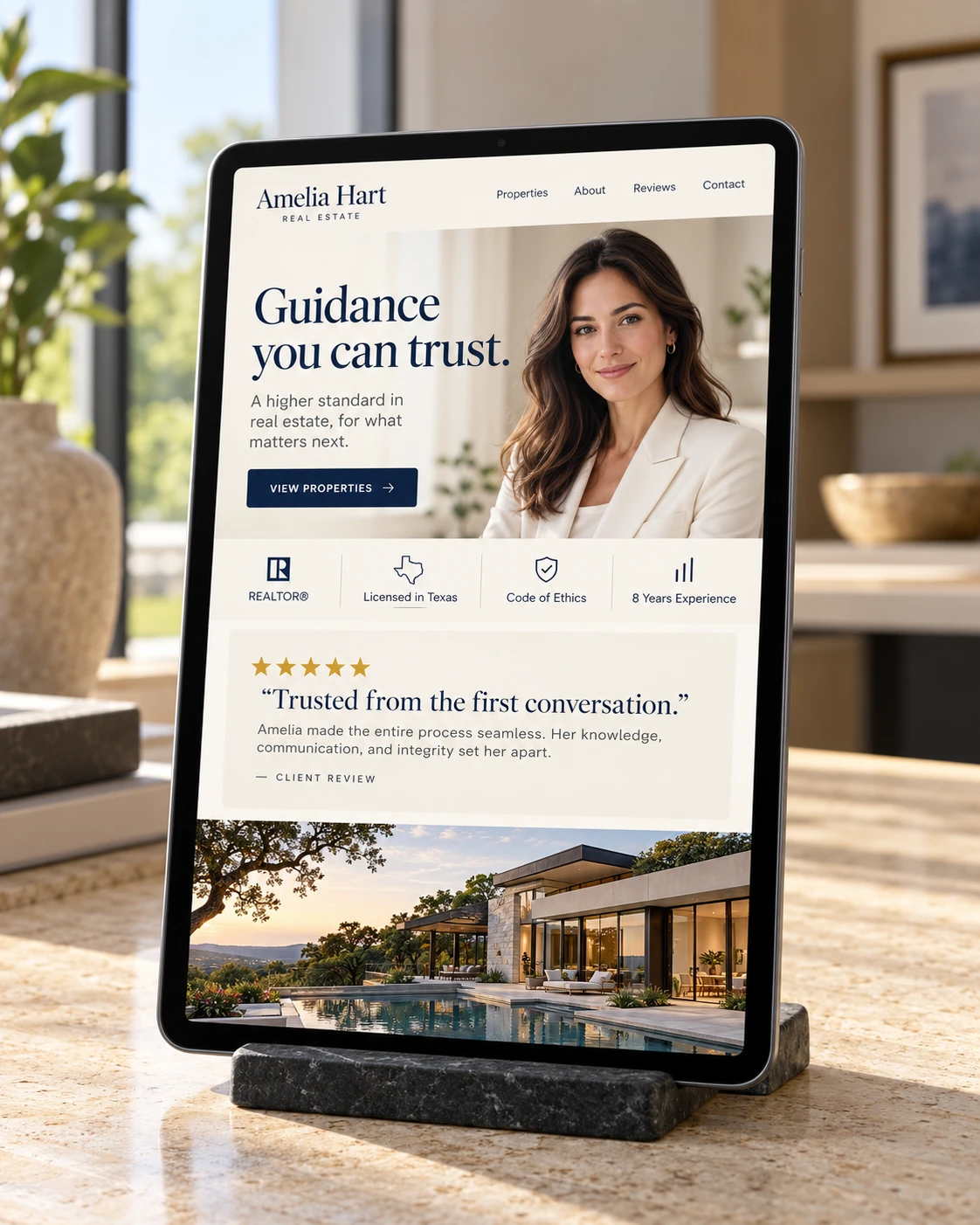 A REALTOR® website on a tablet, with the REALTOR® mark, licence and Code of Ethics shown in a row above a five star client review