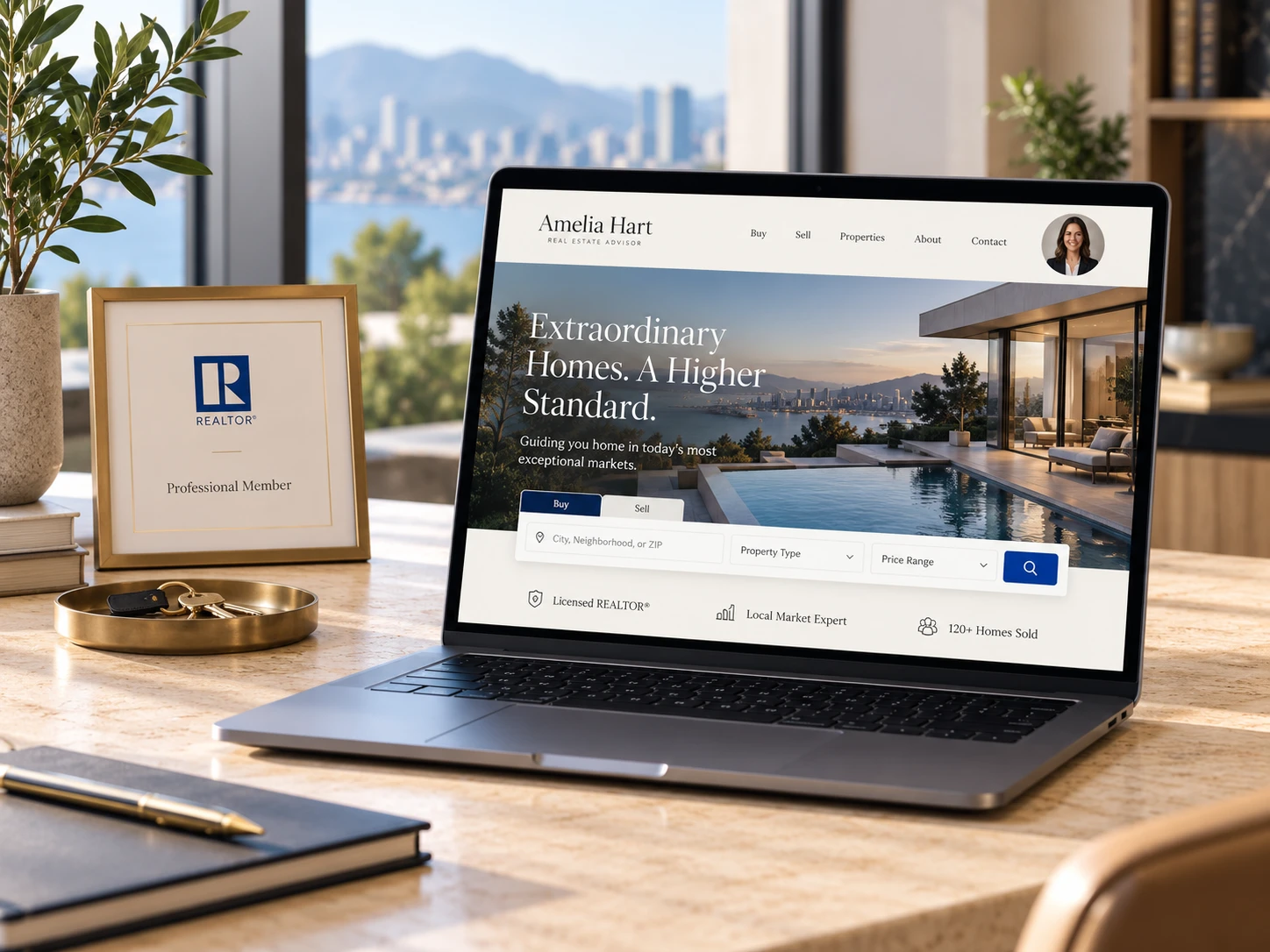 A polished REALTOR® website open on a laptop, beside a framed REALTOR® professional member certificate