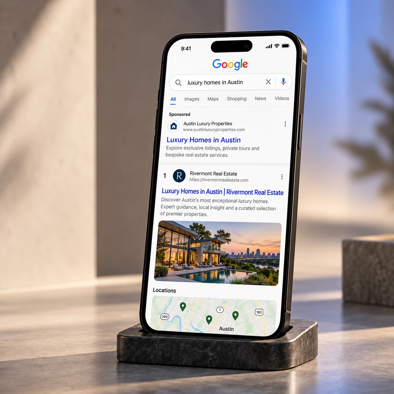 A phone showing Google results for a luxury homes search, with a real estate site ranking first below the ad