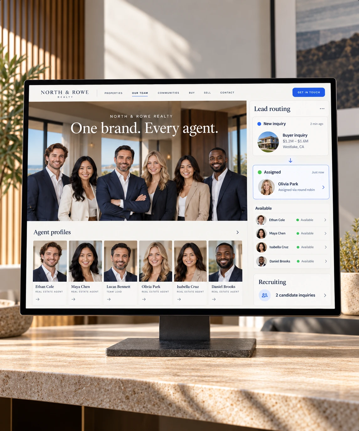 A team website showing a profile for every agent beside a lead routing panel, where a new buyer inquiry has just been assigned to an agent
