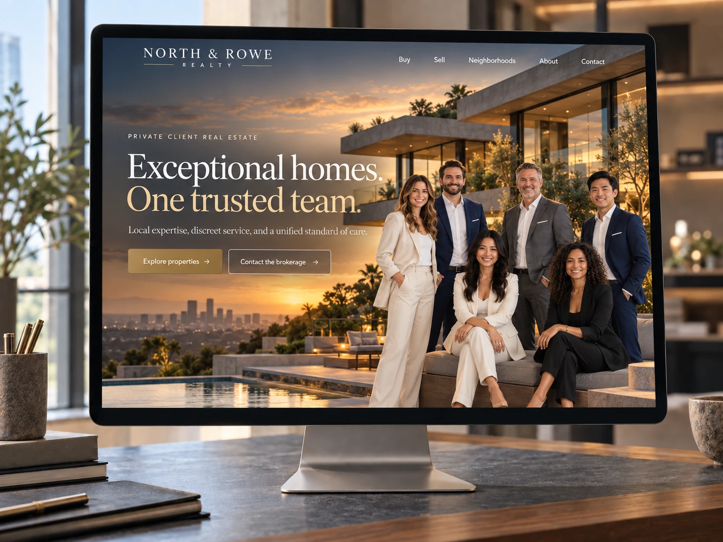 A brokerage website on a desktop monitor, its home page showing the whole team under one brand