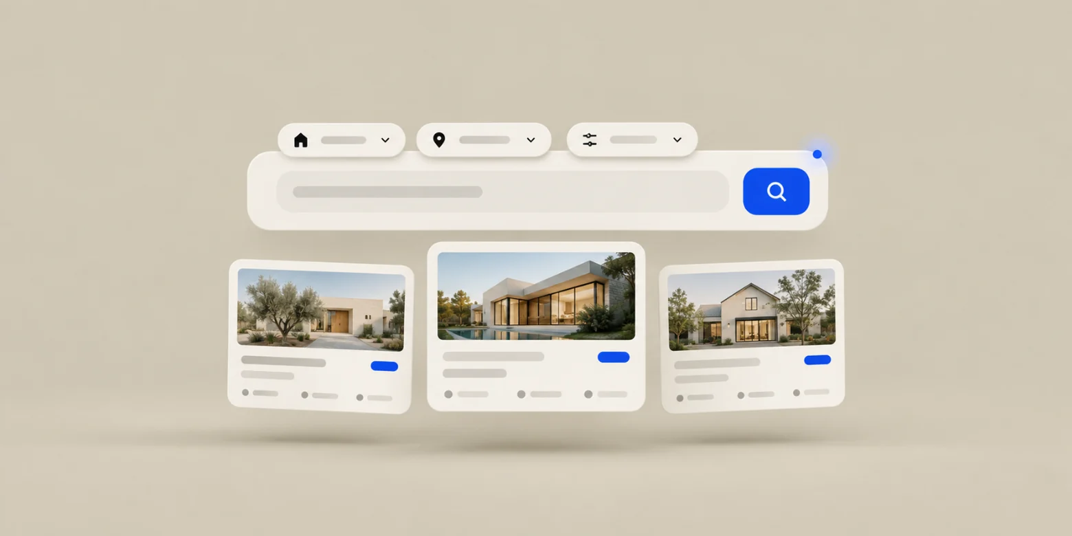 What is IDX, a property search bar with filter chips above three listing cards