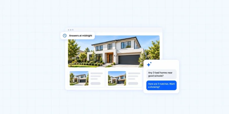 How AI is transforming real estate websites: an AI chat on an agent's website answering a buyer's question about 3-bed homes at midnight