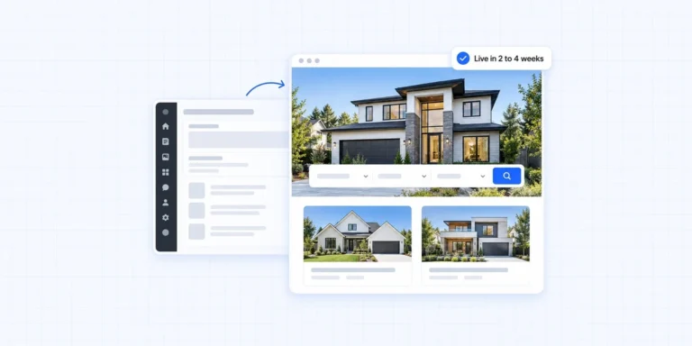 How to build a real estate website with WordPress: the WordPress dashboard leading to a finished real estate site with a home search, live in 2 to 4 weeks