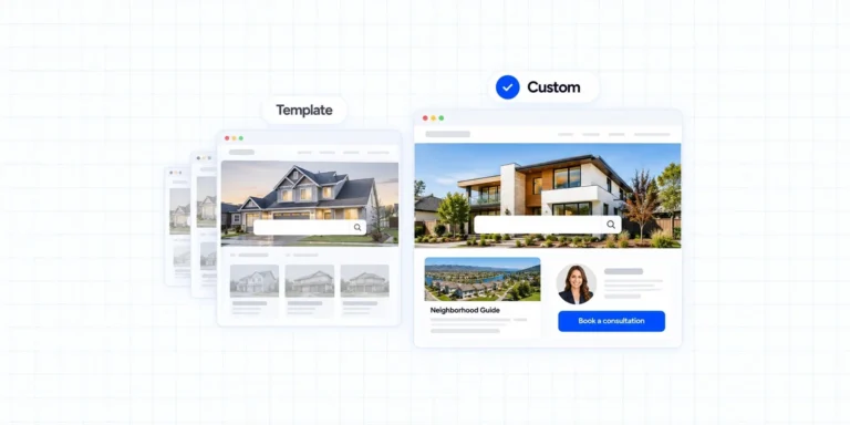 Custom real estate website vs templates: look-alike template sites beside a custom agent website with a neighborhood guide, agent profile and booking button