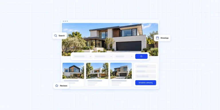 Features of a real estate website that sells: a home search with filters, listing photos, a schedule a showing button, search, showings and reviews