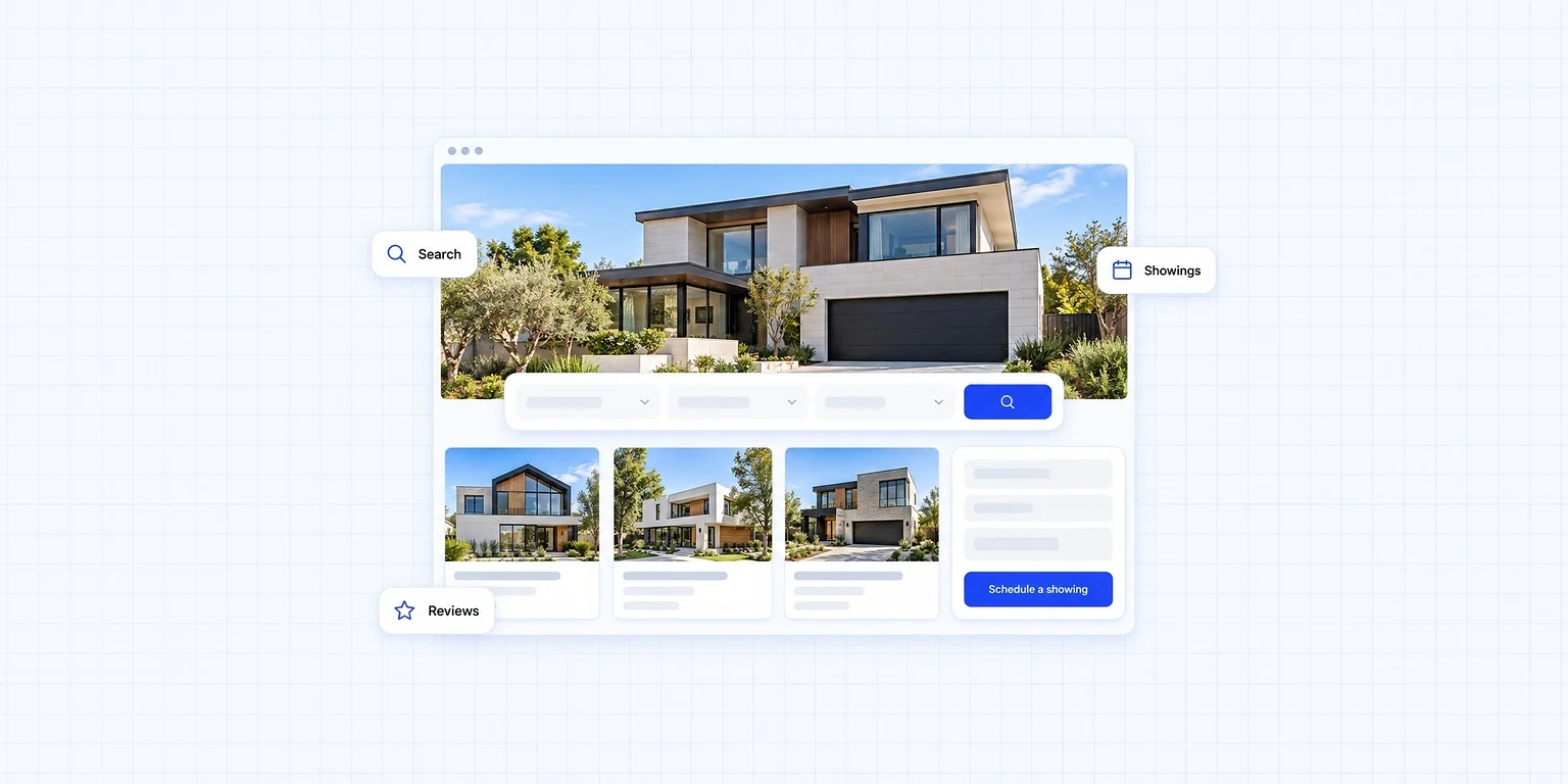 Features of a real estate website that sells: a home search with filters, listing photos, a schedule a showing button, search, showings and reviews