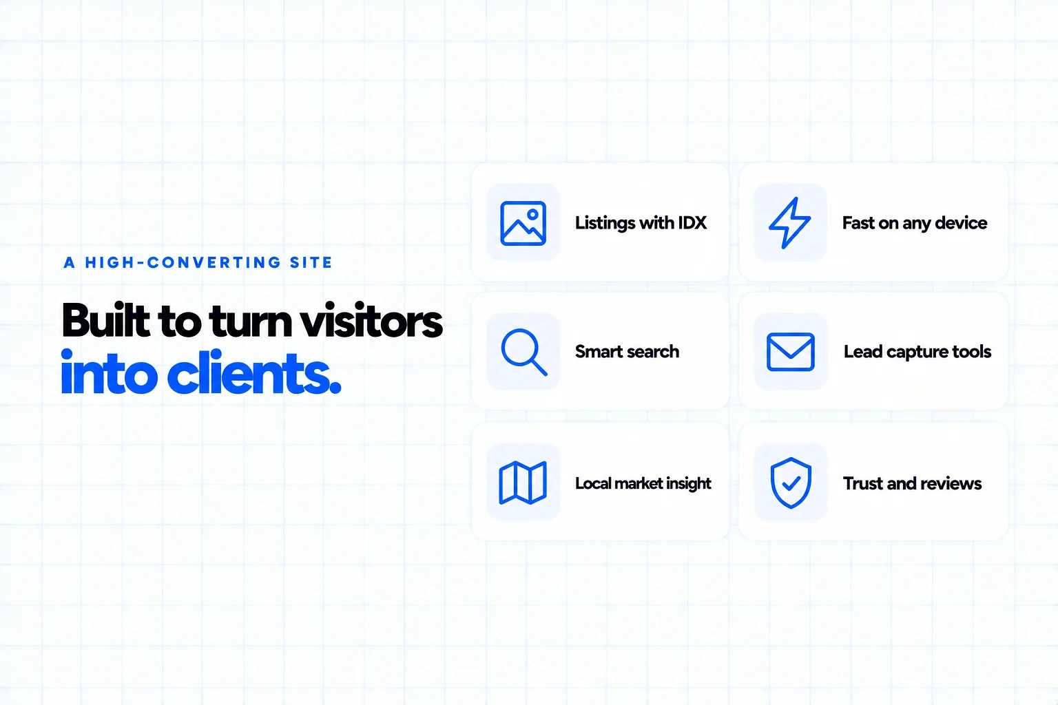 A high-converting website for real estate includes listings with IDX, speed on any device, smart search, lead capture tools, local market insight, and trust and reviews