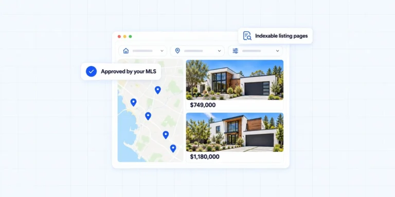 IDX providers compared: a property search page with a map, listings and prices, approved by your MLS with indexable listing pages