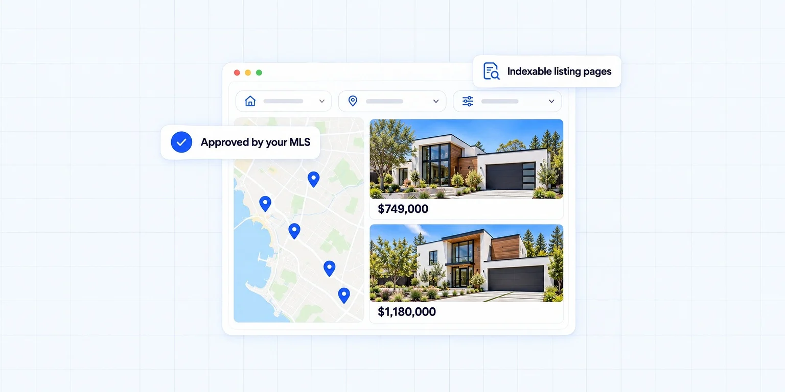 IDX providers compared: a property search page with a map, listings and prices, approved by your MLS with indexable listing pages