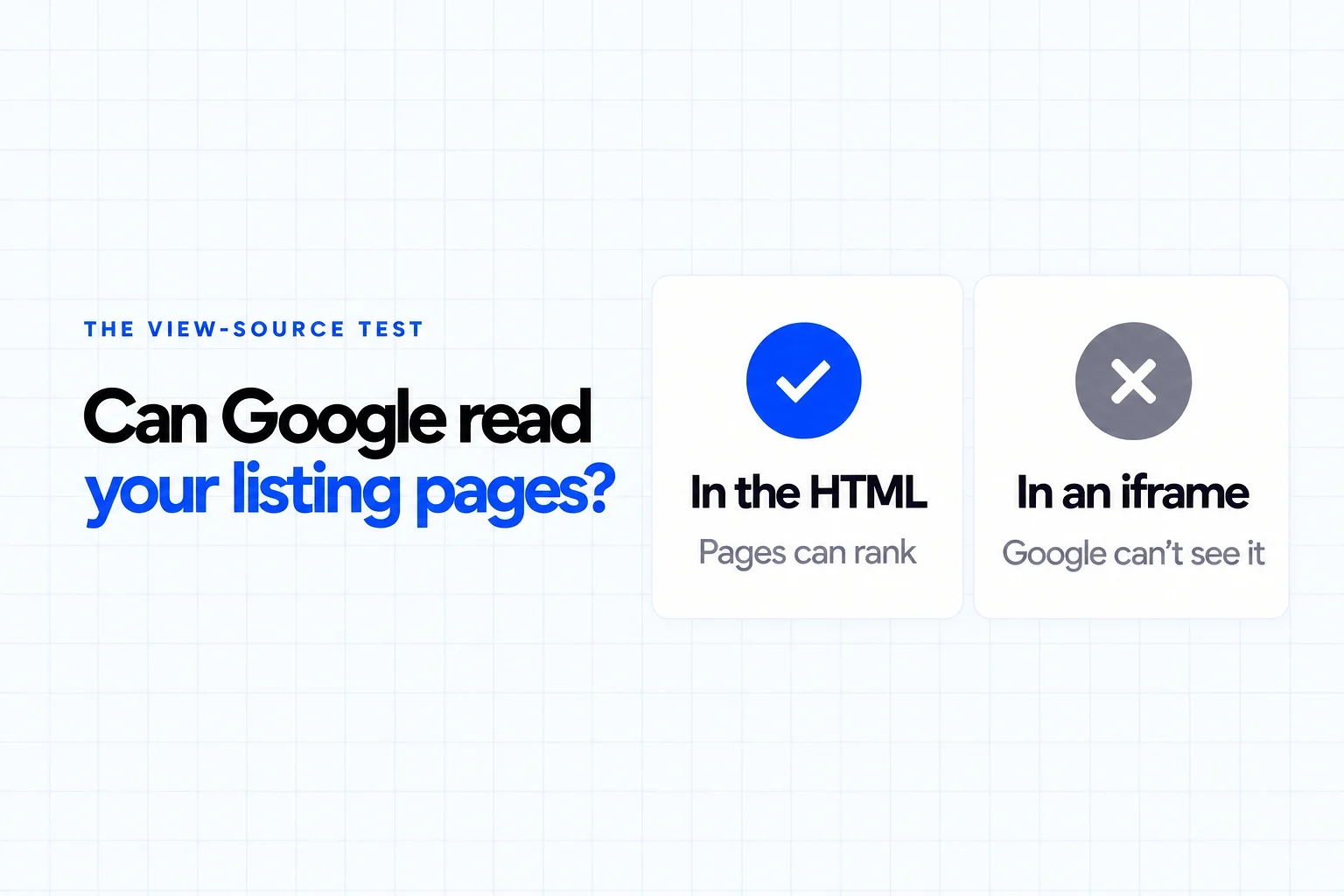 The view-source test: IDX listings in the HTML can rank, listings inside an iframe are invisible to Google
