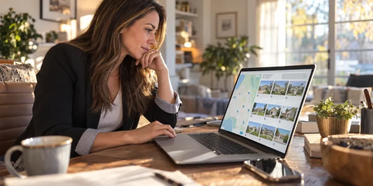 IDX websites for REALTORS®, an agent reviewing a property search with a map and listing photos on her laptop