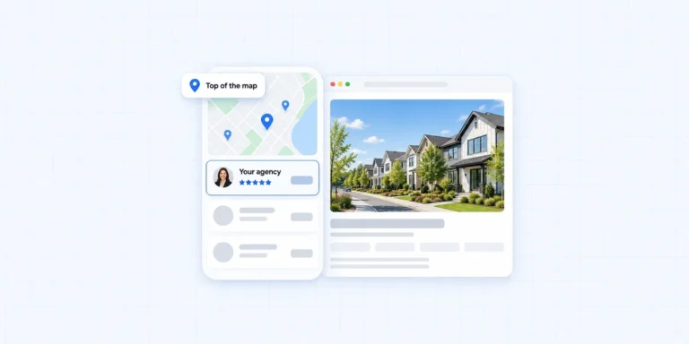 Local SEO for real estate agents: an agency at the top of the local map results, beside a neighborhood page on its own website