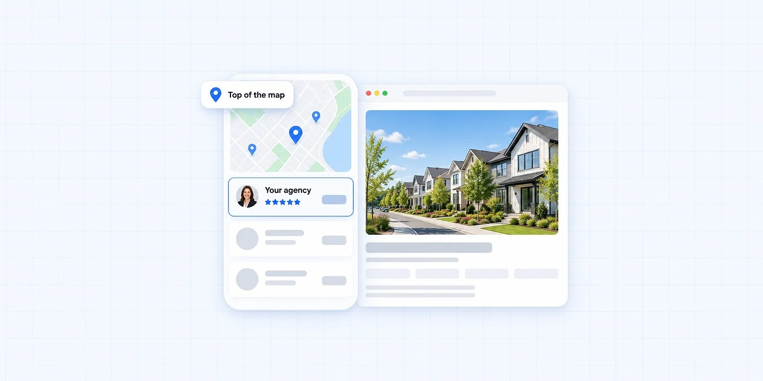 Local SEO for real estate agents: an agency at the top of the local map results, beside a neighborhood page on its own website