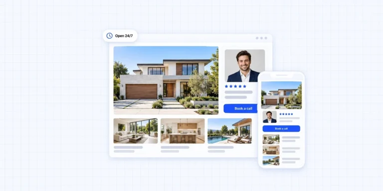 Why every real estate agent needs a modern website: a polished agent site with listings, reviews and a book a call button, open 24/7 on desktop and mobile